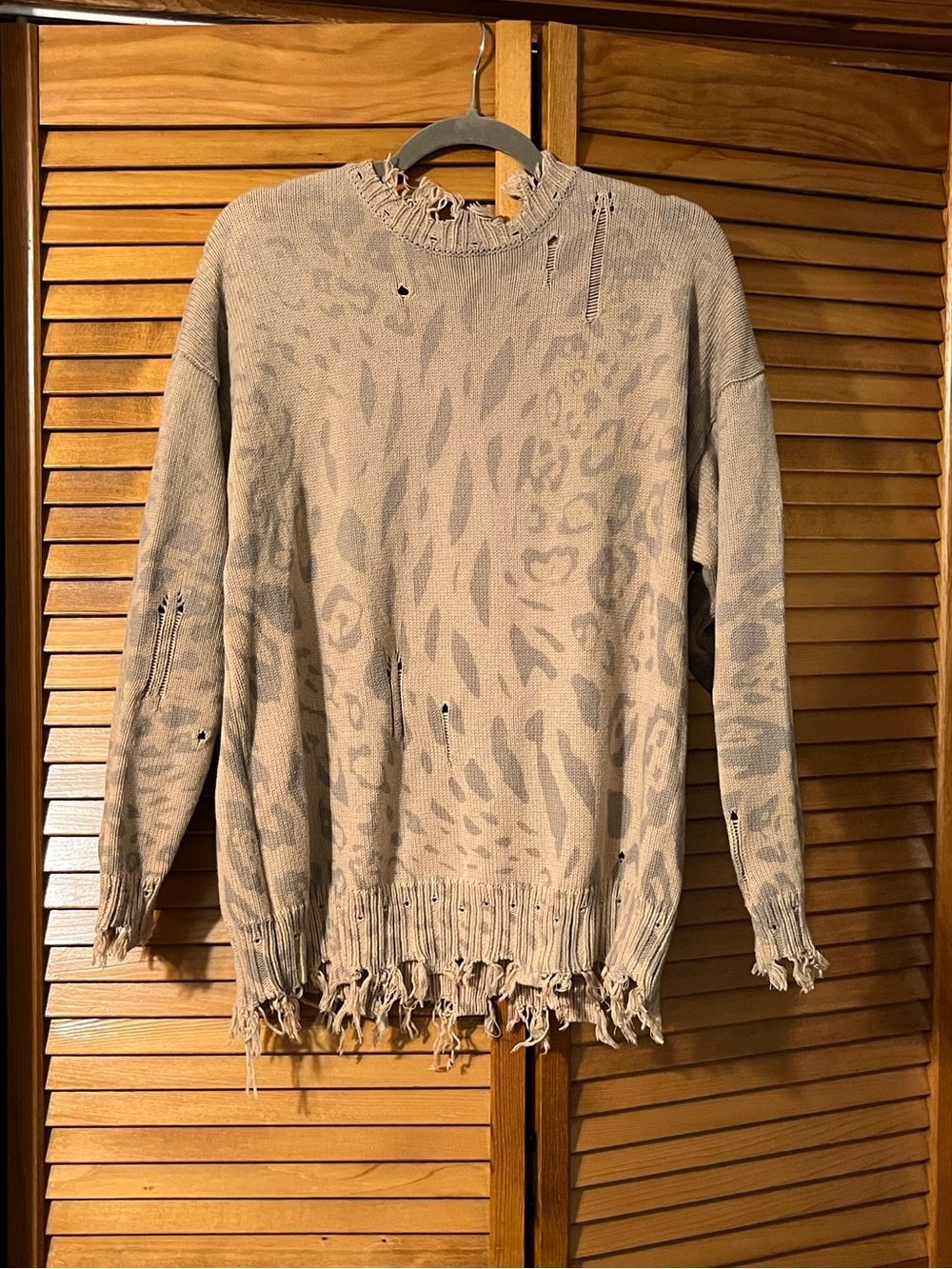 Distressed Leopard-Print Crewneck Sweater in Beige